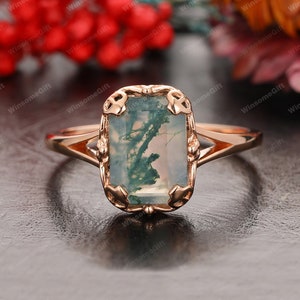 Bezel Setting, Emerald Cut Natural Moss Agate Engagement Ring, 18K Rose Gold Green Stone Wedding Ring, Anniversary Ring, Promise Bridal Ring