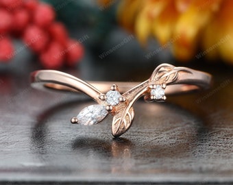 Marquise cut Moissanite wedding band vintage Delicate rose gold wedding ring Leaf Branch Moissanite band Bridal Antique Matching Dainty Band