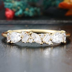 Mixed Baguette Petite Cluster Moissanite Band,Women Vintage 14K Gold Pear & Round Promise Ring, Half Eternity Anniversary Ring