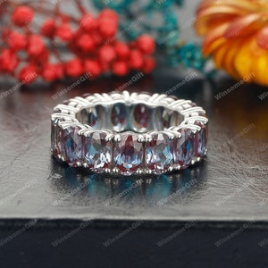 Full Eternity Wedding Band, Oval Cut Alexandrite Wedding Ring, Promise Bridal Ring For Women, Stacking Matching Ring, Silver Custom Ring