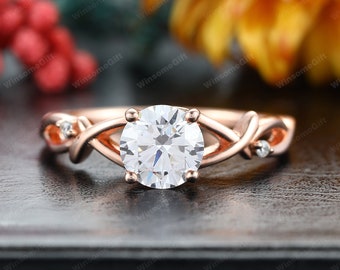 Vintage Round Cut 1ct Moissanite Engagement Wedding Ring,Branch Leaf Design Bridal Ring,Solid Rose Gold Ring,Handcrafted Ring,Gift For Women