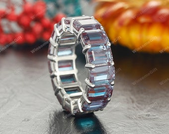 Alexandrite Eternity Band For Women Vintage Alexandrite Wedding Band, Emerald Cut Alexandrite Bridal Eternity Band Anniversary Gift For Her