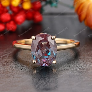 Solitaire Ring, Oval Shape 7x9mm Alexandrite Ring, 14k Gold Wedding Ring, Delicate Gemstone Ring, Art Deco Engagement Ring, Anniversary Ring