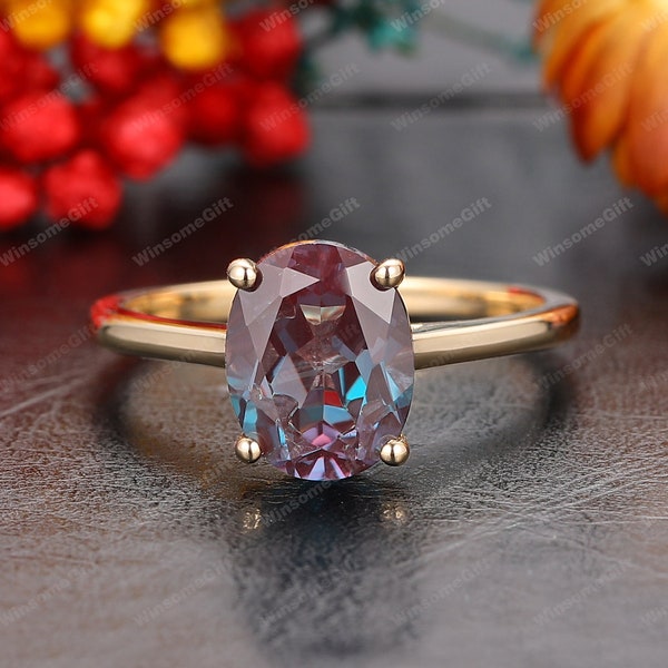 Solitaire Ring, Oval Shape 7x9mm Alexandrite Ring, 14k Gold Wedding Ring, Delicate Gemstone Ring, Art Deco Engagement Ring, Anniversary Ring
