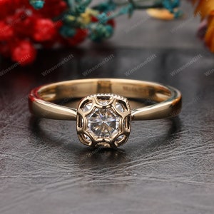 Cushion Cut 5mm Grey Moissanite, 14k Yellow Gold Engagement Ring, Bezel Ring Setting, Promise Wedding Ring, Women&#39;s Ring, Anniversary Ring