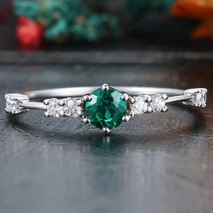 Unique Round Cut Emerald Engagement Ring, May Birthstone Ring, White Gold Ring, Green Gem Daily Ring, Promise Bridal Ring, Anniversary Gift