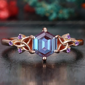 Art Deco Hexagon Cut Alexandrite Ring,Color Changing Alexandrite Engagement Ring,Womens Gemstone Bridal Promise Ring,Rose Gold Ring