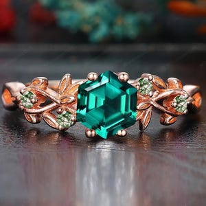 Hexagon cut emerald ring Rose gold cluster Moss agate ring women vintage  unique engagement ring gemstone May birthstone ring gift