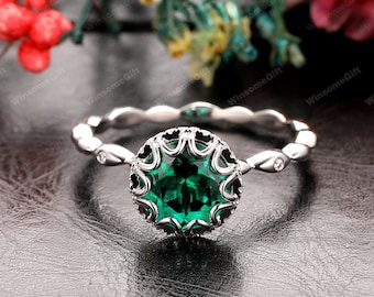 Anillo de compromiso con piedra de nacimiento de mayo, esmeralda de corte redondo de 8 mm, anillo de bodas de oro blanco, anillo de compromiso nupcial, anillo hecho a mano, anillo para mujer