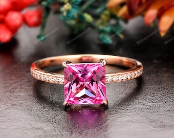 2CT Princess Cut Pink Sapphire Ring, Half Eternity Bridal Anniversary Promise Ring, Rose Gold Women's Ring, Pink Stone Ring, Wedding Ring