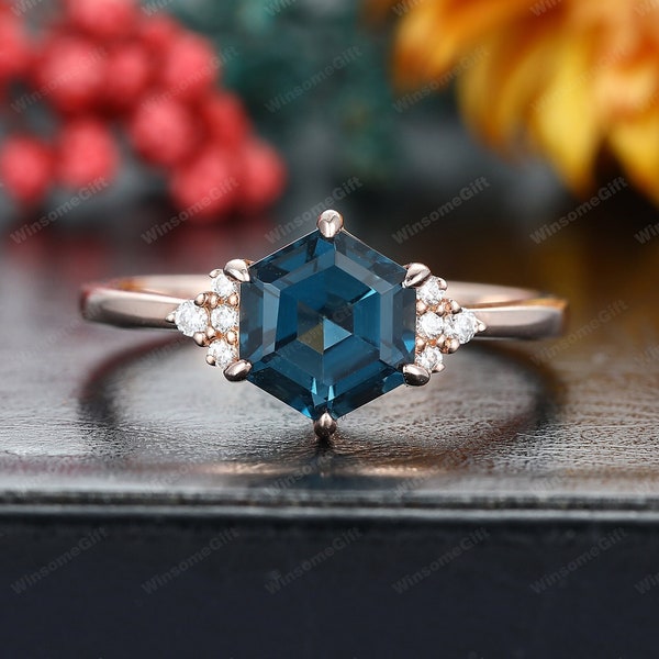 Hexagon Cut Natural London Blue Topaz Engagement Ring, Rose Gold Women's Ring, Blue Stone Ring, Promise Wedding Ring, Anniversary Ring