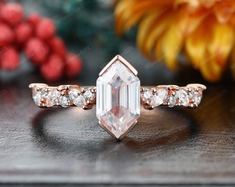 Antique Ring, Long Hexagon Cut 5x9mm Moissanite Engagement Ring, Half Bezel Wedding Promise Bridal Ring,Half Eternity Ring,Gift For Women