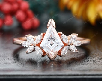 Vintage Kite Cut 6x9mm Moissanite Engagement Ring,Moissanite Cluster Wedding Ring,Anniversary Ring For Women,Leaf Design Ring,Handmade Ring