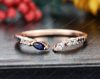 Open Wedding Band, Dainty Moissanite Stacking Matching Ring, Marquise Blue Sapphire Bridal Promise Ring, Solid Rose Gold Stack Ring