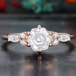 Vintage Hexagon Cut Moissanite Engagement Ring,Moissanite Cluster Ring,Anniversary Ring For Women,Rose Gold Ring,Custom Handmade Ring