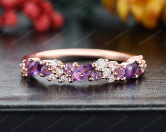 Amethyst Wedding Ring Solid Rose Gold Wedding Band Marquise Moissanite Stack Band Unique Moissanite Half Eternity Band Anniversary Gift