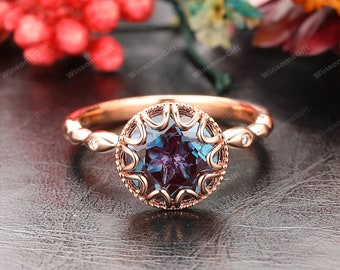 8mm Round Cut Alexandrite Ring, June Birthstone Bridal Jewelry, Solid 14K Rose Gold Engagement Ring, Dainty Promise Anniversary Gift
