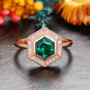 Vintage Ring, Hexagon Cut 6x6mm Emerald Engagement Ring, May Birthstone Ring, Anniversary Ring For Women, Halo Wedding Ring, Rose Gold Ring