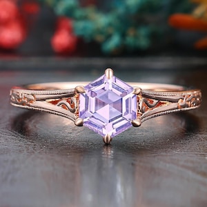 Vintage Hexagon cut Lavender Amethyst ring, Purple Amethyst Engagement Promise Ring, Anniversary Gift for women, Handmade Gemstone Ring