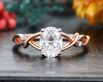 Antique 1.5CT Oval Cut Moissanite Engagement Ring, Twig Moissanite Ring, Propose Ring For Her, Handmade Moissanite Ring, Solid Rose Gold