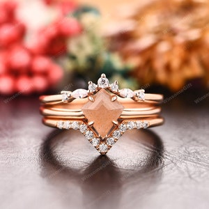 14k Rose Gold Kite Cut 7x8mm Natural Sunshine Stone, Curved Wedding Rings, Anniversary Gift, Bridal Ring Set, 3PCS Wedding Ring Set