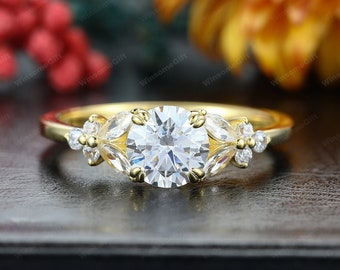 Vintage 1CT Round Cut Moissanite Engagement Ring,Cluster Moissanite Wedding Bridal Ring,Leaf Ring Solid Gold,Anniversary Gift For Women