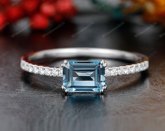 Anillo Art Deco de topacio azul de Londres natural de talla esmeralda de 5 x 7 mm, joyería nupcial con piedras preciosas azules, anillo de aniversario de promesa de oro blanco macizo de 14 quilates