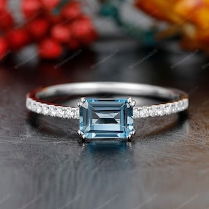 Art Deco 5x7mm Emerald Cut Natural London Blue Topaz Ring, Blue Gemstone Bridal Jewelry, 14K Solid White Gold Promise Anniversary Ring