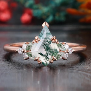 Art Deco Kite Cut Green Moss Agate Engagement Ring,Green Agate Promise Ring Unique Marquise Moss Agate Moissanite Wedding Ring,Custom Ring