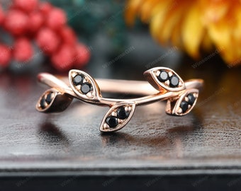 Black Gem Wedding Ring Solid Rose Gold Wedding Band, Leaf Band, Art Deco Promise Bridal Stack Ring, Custom Handmade Ring, Gift For Women