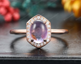 Delicate Oval Cabochon Cut Natural Amethyst Engagement Ring, Vintage Halo Purple Gemstone Ring, Anniversary Gift For Women, Rose Gold Ring