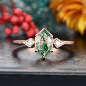 Antique Moss Agate Ring, Long Hexagon Cut 5x9mm Natural Moss Agate Engagement Ring, Green Agate Promise Bridal Ring, Daily Ring For Women