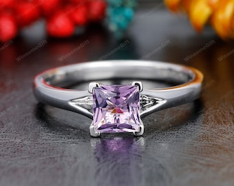 Solitaire Princess  Cut 1CT Natural Amethyst Engagement Ring, February Birthstone Ring, Soild White Gold Wedding Promise Ring, Daily Ring