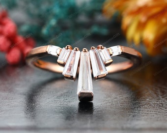 Baguette Wedding Band, Moissanite Stacking Matching Band Ring, Promise Bridal Ring, Unique Curved Rose Gold Wedding Ring, Valentine's Gift