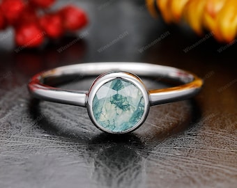 Minimalist Bezel Set Ring,6mm Round Cut Natural Moss Agate Engagement Wedding Ring,Solid White Gold Green Agate Ring,Anniversary Gift Ring