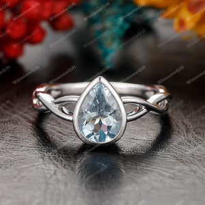 Natural Aquamarine Ring, Pear Cut 6x8mm Aquamarine Engagement Ring, Anniversary Ring For Women, Infinity Band Ring, Solid White Gold Ring