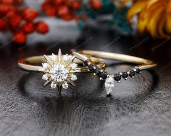 Dainty Moissanite Bridal Set, Round Cut 4mm Moissanite Engagement Ring Set, Solid Gold Sun Ring, Stacking Matching Ring, Black Spinel Ring