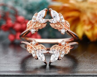 Moissanite Women's Vintage Enhancer wedding Ring band, Wrap Guard Band, Crown Anniversary Spacer Band, Solid Rose Gold, Custom Leaf Ring