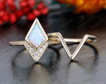 Bridal Set,Kite Cut 6x9mm Opal Engagement Ring Set,Bridal Gift For Women,Opal Wedding Ring Set,Stackable V Band,2pcs Ring,Fine Jewelry