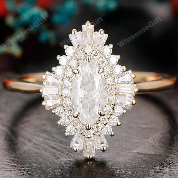 Art Deco Double Halo Ring, 4x8mm Marquise Cut Moissanite Engagement Ring, Baguette Moissanite Wedding Ring, 14K Solid Gold Ring, Custom Ring