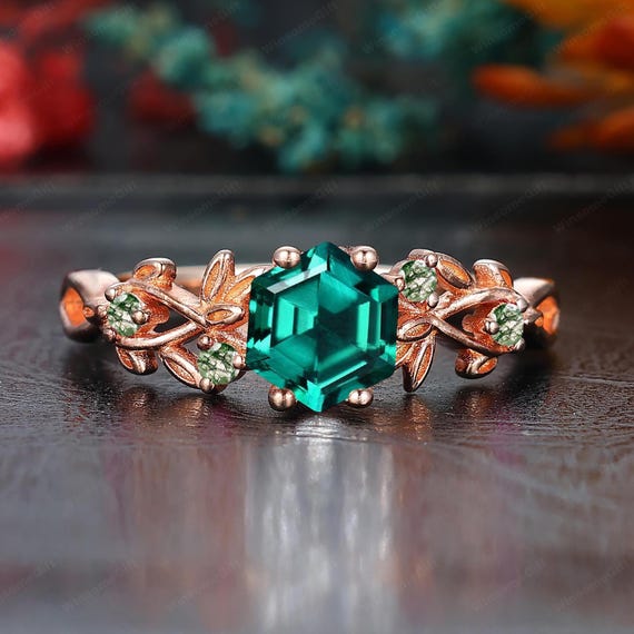 Hexagon Cut Emerald Ring Rose Gold Cluster Moss Agate Ring Women
