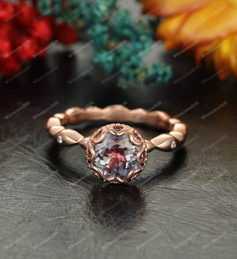 Vintage Style Alexandrite Ring, 8mm Round Cut Alexandrite Ring, Rose Gold Antique Wedding Women's Ring, Art Deco Engagement Ring, Daily Ring image 5