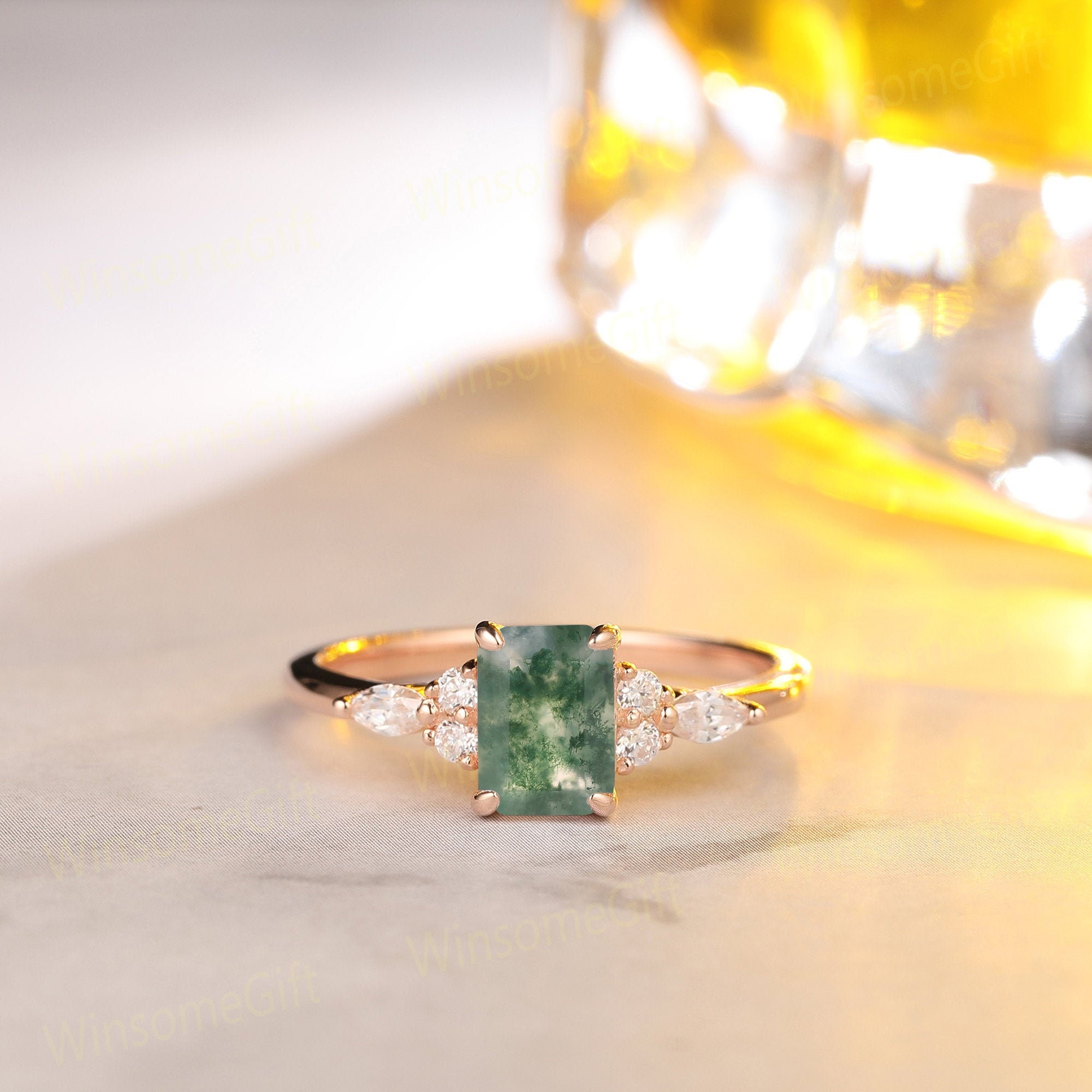 Natural Moss Agate Engagement Ring 14k Solid Rose Gold | Etsy