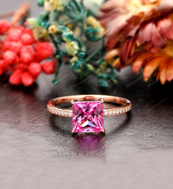 2CT Princess Cut Pink Sapphire Ring, Half Eternity Bridal