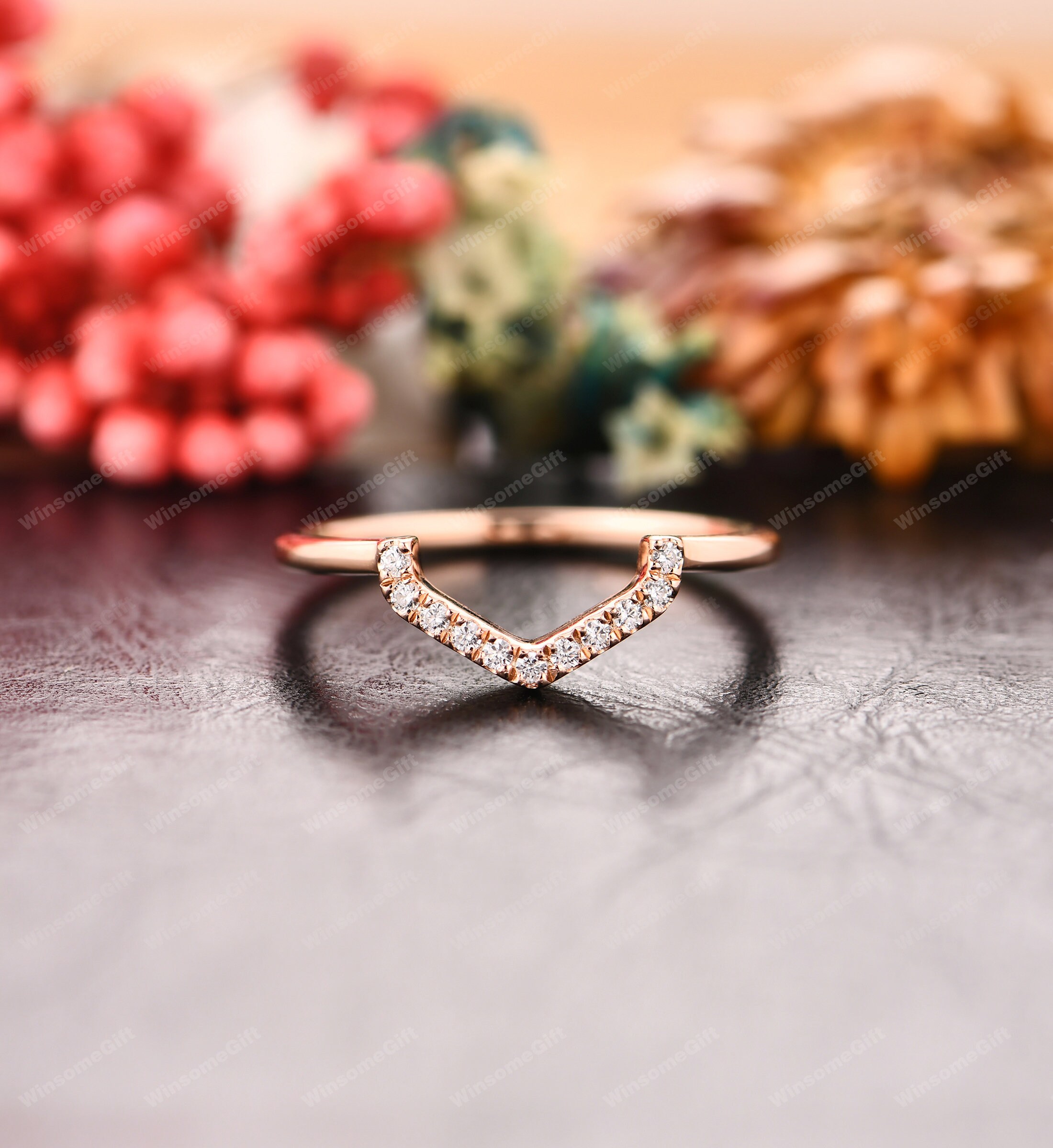 Statement Ring Moissanite Curved Wedding Band Matching Band Bridal Wedding Ring 14K Rose Gold Promise Anniversary Ring Lovely Ring