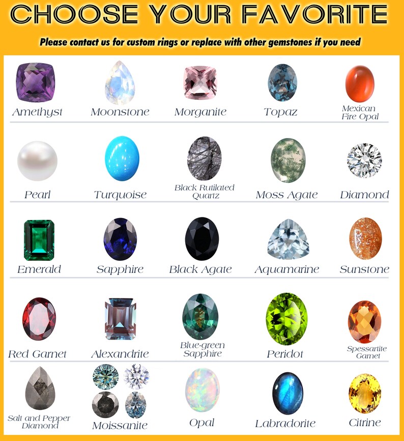 Puede incluir: Un gr&aacute;fico con 18 piedras preciosas diferentes, incluyendo amatista, piedra lunar, morganita, topacio, &oacute;palo de fuego mexicano, perla, turquesa, cuarzo rutilado negro, &aacute;gata musgosa, diamante, esmeralda, zafiro, &aacute;gata negra, aguamarina, piedra de sol, granate rojo, alexandrita, zafiro azul verdoso, peridoto, granate espesartita, diamante sal y pimienta, moissanita, &oacute;palo, labradorita y citrino.