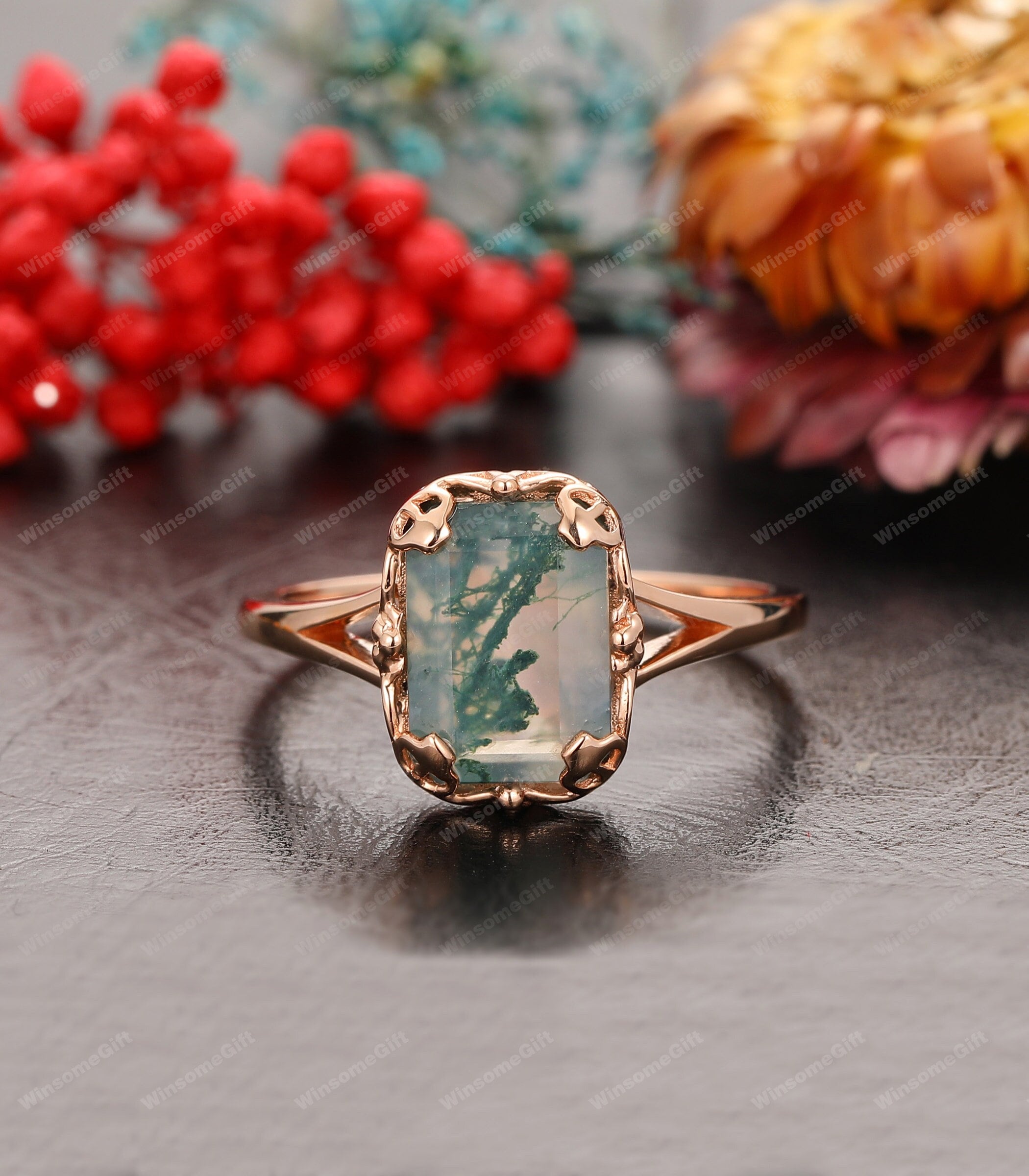 Bezel Setting, Emerald Cut Natural Moss Agate Engagement Ring, 18K Rose Gold Green Stone Wedding Ring, Anniversary Ring, Promise Bridal Ring