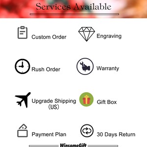 Puede incluir: Un gr&aacute;fico que muestra los servicios disponibles para los clientes. Los servicios incluyen pedidos personalizados, grabado, pedidos urgentes, garant&iacute;a, env&iacute;o mejorado, caja de regalo, plan de pago y devoluci&oacute;n de 30 d&iacute;as. El gr&aacute;fico tambi&eacute;n incluye el texto "WinsomeGift".