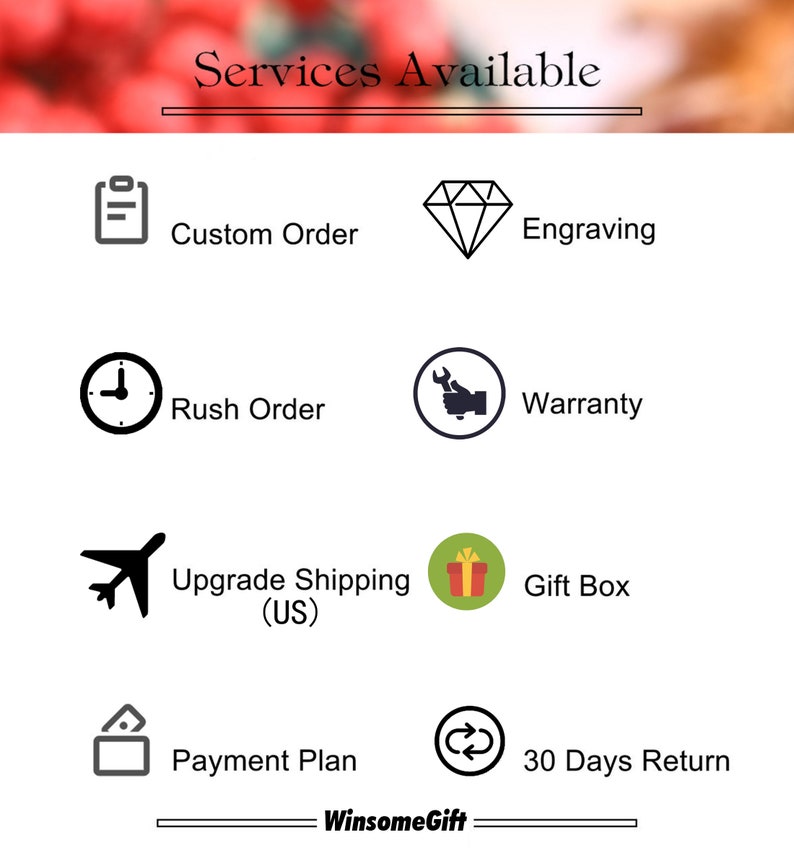 Puede incluir: Un gr&aacute;fico que muestra los servicios disponibles para los clientes. Los servicios incluyen pedidos personalizados, grabado, pedidos urgentes, garant&iacute;a, env&iacute;o mejorado, caja de regalo, plan de pago y devoluci&oacute;n de 30 d&iacute;as. El gr&aacute;fico tambi&eacute;n incluye el texto "WinsomeGift".