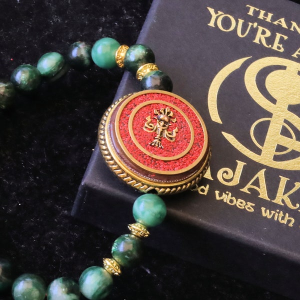 Bracelet beautiful Emerald beads with  Ethnic Handmade Nepal Pendant God Of Wealth. bodhi, jade line, copper, sandalwood.